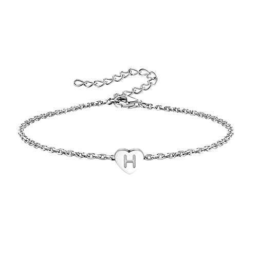 KunBead Initial H Letter Bracelets Silver Dainty Heart Love Charm Stainless Steel Bracelets for Women Teen Birthday Jewelry