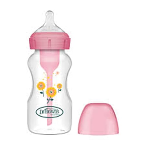 Dr. Brown’s Biberón Anticólicos de Boca Ancha Options+ 270 ml   Sistema Patentado con Ventilación Interna   Tetina N1 de Flujo Lento +0 Meses   Silicona Médica y Polipropileno Sin BPA   Rosa Flores