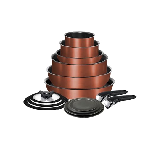 Image of T-fal Ingenio Expertise Non Stick Cookware Set 14 Piece, Induction, Oven Broiler Safe 500F, Stackable, Pots and Pans, RV, Camping, Fry Pans, Dishwasher Safe, Detachable /Removable Handle, Copper