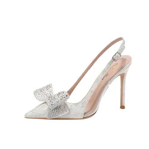 Women's Stiletto High Heels with Rhinestone Bow - Adjustable Buckle Closure Pointed Toe Slingback Pumps Bridal Wedding Party Dress Shoes