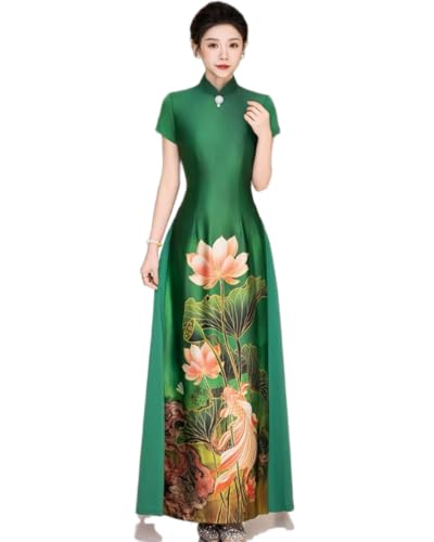 Summer Short SleeveTraditional Ao Dai Cheongsam Qipao Dress with Lotus Flowers for Wedding,Party,Evening Wear