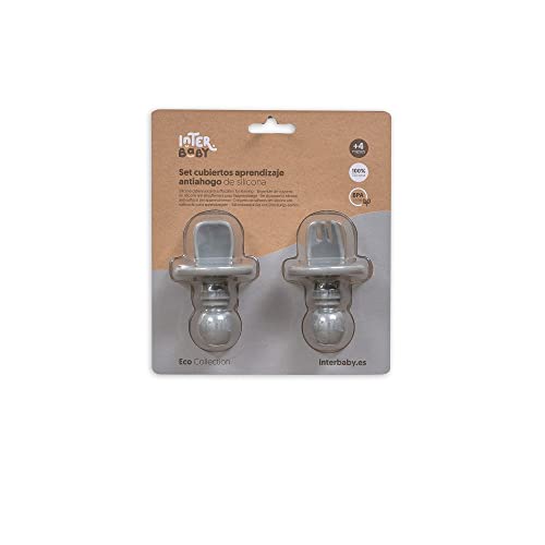 Interbaby - Set Cubiertos Aprendizaje Bebe | Cubiertos Infantiles Silicona | Tenedor y Cuchara Bebe Aprendizaje Antiahogo, Para Bebes y Niños | Vajilla Bebe Cómoda, Sencilla | Gris Petroleo
