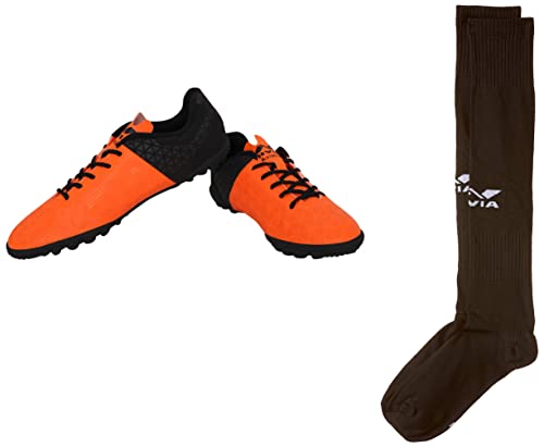 Image of Nivia Aviator 102705 Football Futsal Shoes, UK 9 (Orange /Black) Plain Encounter Stockings (M, Black)