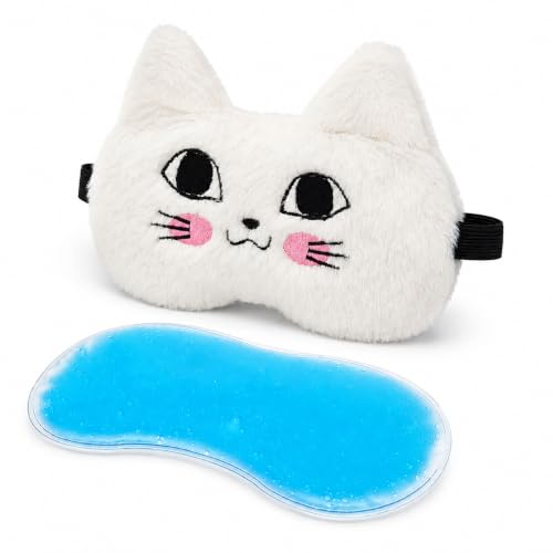 Image of Jenna Cat Design Sleeping Eye Mask with Cooling Gel Pad, Soft Plush Light Blocking Sleep Mask with Adjustable Elastic Strap for Women, Men and Kids, Ideal for Home, Travel, Nap and Relaxation (White)