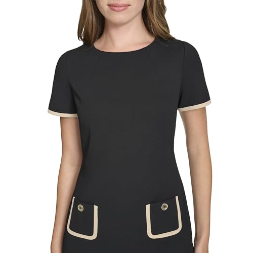 Image of Tommy Hilfiger Women's Short Sleeve Jewel Neck Contrast Piping Mini Shift Dress