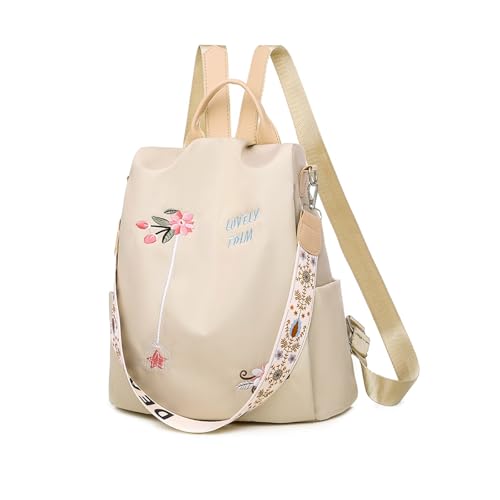Balakaka Rucksack Damen Anti Diebstahl Nylon 12 L, 2 in 1 Wasserdichte Casual Daypack Stickmuster Blumen, Große Kapazität Reiserucksack Damen Elegant für Reise Schule Arbeit Wandern, helles Khaki