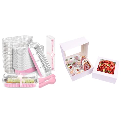 NPLUX Bundle of 50 Pack Mini Cake Pans and 30 Pcs Bakery Boxes with Window