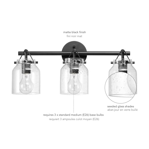 Image of Globe Electric 63000207 5-Piece All-in-One Bathroom Set, 22 inch 3-Light Vanity Light, Matte Black, Seeded Glass Shades, Towel Bar, Robe Hook, Toilet Paper Holder, Towel Ring, Bathroom Lights Over Mirror
