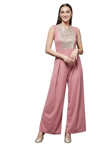 Image of Miss Chase Women's Halter Neck Sleeveless Solid Wide Leg Sequin Paneled Regular Length Jumpsuit