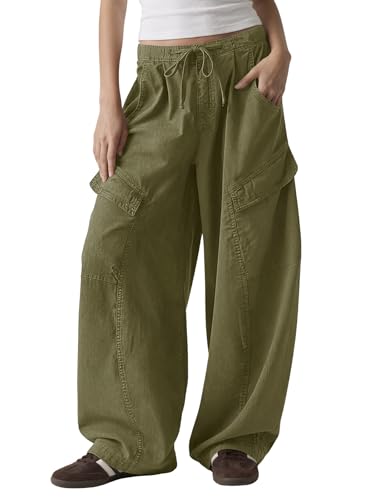 Fisoew Womens Barrel Baggy Cargo Pants Elastic Waist Wide Leg Casual Pants Y2K Streetwear with Multi Pockets 2026