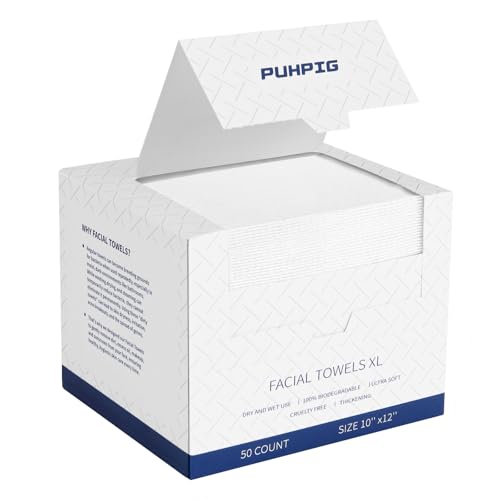 PUHPIG Clean Face Towels Disposable Face Towel Makeup Remover Dry Wipes 10in X 12in Large Size Facial Tissues Super Soft & Thick Faces Cloths for Sensitive Skin 50 Ct /1 Pack