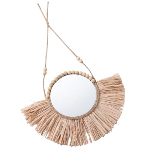 SHINEOFI Espejo de Pared Redondo Decorativo de Rafia Beige Marco de Aluminio, Espejo para Decoración del Hogar Imagen Clara y Diseño Rústico para Dormitorio