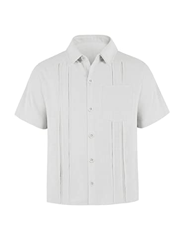Makkrom Boys Guayabera Short Sleeve Button Down Linen Lapel Casual Camp Beach Shirts