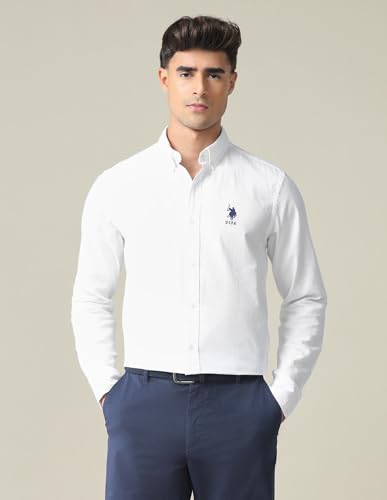 Image of U.S. Polo ASSN. Solid Tailored Fit Shirt for Men - 100% Cotton, Breathable & Comfortable, Full Sleeves Casual Shirt for Men