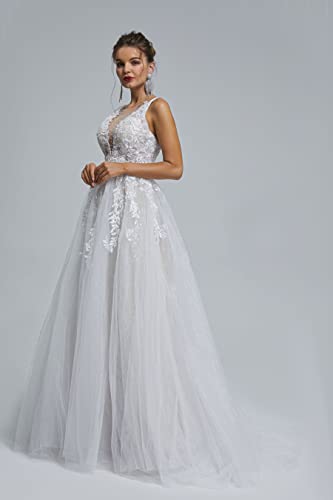 Image of Spaghetti Chiffon Beach Wedding Dress V Neck A line Bridal Gowns Lace Plus Size Wedding Dress