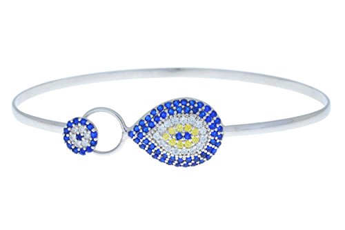 Evil Eye Blue Yellow White CZ Pear Shape Bangle Bracelet .925 Sterling Silver