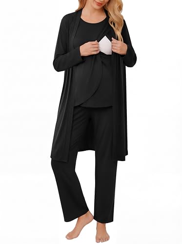 Image of Ekouaer Maternity Nursing Robe Set 3 Pieces Sleeveless Top, Pregnancy Pants & Robe Double Layer Pajamas S-XXL