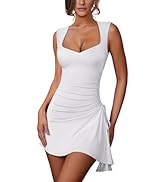 Lrady Womens Sexy Square Neck Bodycon Sleeveless Ruched Side Drawstring Flare Mini Party Club Sho...