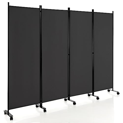 Costway 4 Panels Folding Room Divider, 170cm Tall Privacy Screen with Non-See-Through Fabric & Metal Frame, Freestanding Partition Wall Divider with Rolling Wheels for Living Room, Dining Room (Gray)