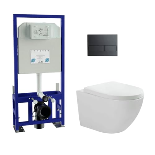 Pack Inodoro Suspendido Blanco Brillo y Cisterna Empotrada Autoportante con Pulsador Negro | Inodoro Blanco Brillo Rimless Sin Borde de Fondo Reducido y Asiento Extrafino con Caida Amortiguada