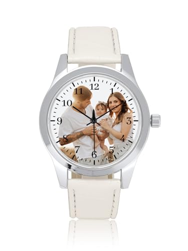 JSDDE Montre Quartz Photo Personnalisée pour Homem Garçon Montre Classique 40mm Cadran Rond Argent avec Ta Photo Image Bracelet en Cuir Serpent 3 Couleurs...