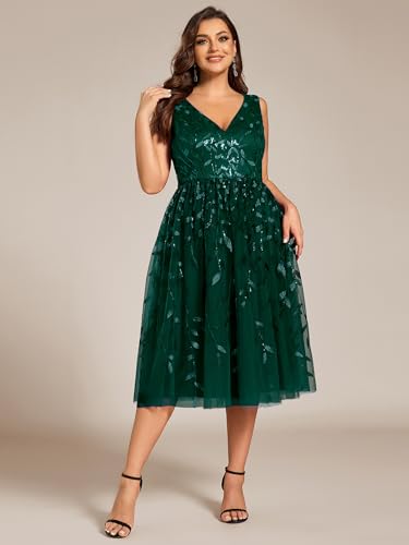 Ever-Pretty A Line V Neck Sleeveless Sequin Plus Size Midi Summer Cocktail Wedding Guest Dresses for Curvy Women 02106-DA4