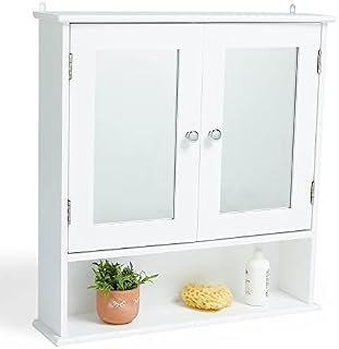 VonHaus Bathroom Cabinet with Mirror - White Wall Mounted Double Door Storage Cupboard - Mirrored Medicine Cabinet w/ 4 Adjustable Height Shelves - Shaker Style Wall Cabinet for Bathroom Toiletries