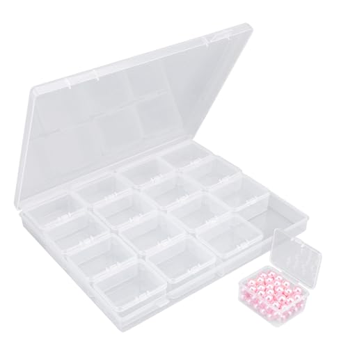 Image of Cosics Bead Organizers and Storage, Transparent Plastic Craft Box with Hinged Lid, 16 Mini Storage Case for Craft and Jewelry Making, Clay Beads, Screws, Seeds, Small Parts