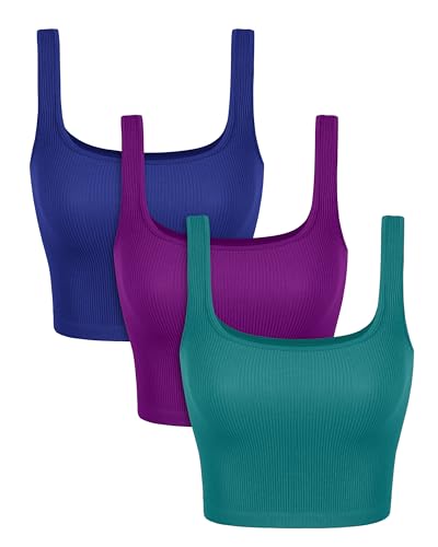 Image of ODODOS 3-Pack Seamless Square Neck Crop Tank for Women Ribbed Knit Soft Low Back Cropped Tops