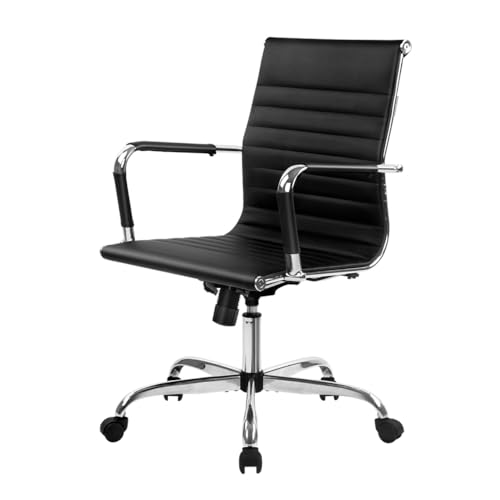 Artiss Ergonomic Office Chair Ribbed PU Leather Office Desk Chairs with Adjustable Height, Mid Back Swivel Executive Computer Chair with Arms, Black