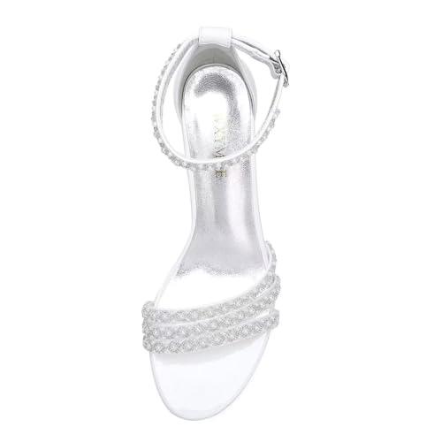 Image of White Women's Block Heel Sandal, Open Toe, Ankle Strap, Pearl Wedding Shoes for Bride, Bridesmaids, Mother of the Bride, Prom, Evening, Cocktail, Ball Gown