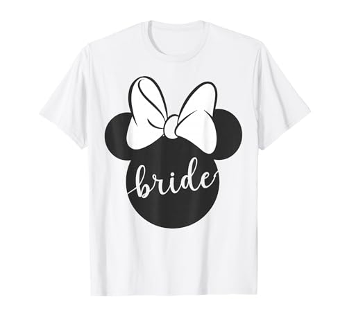 Image of Disney Minnie Mouse Head Silhouette Bow Bride Cursive Text T-Shirt
