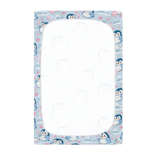 Image of Crib Sheet Breathable Soft Crib Mattress Sheet for Baby Toddler Boys Girls Fitted Pack n Play Crib Sheet Fit Standard Crib Mattress 52 x 28 Inch Blue White Penguin Love Mountain