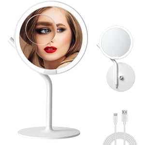 AMIRO Espejo de Maquillaje con luz LED de 8.5 "con Brillo de 5 Niveles, Espejo de tocador Recargable con Aumento 1X / 5X con luz, Control táctil, rotación de 180 °, Blanco