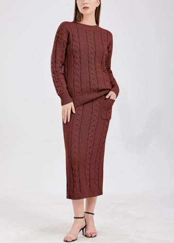 Image of chouyatou Women Winter Casual Chunky Cable Knit Long Pencil Skirt 2 Piece Outfit Oversized Pullover Sweater Sets