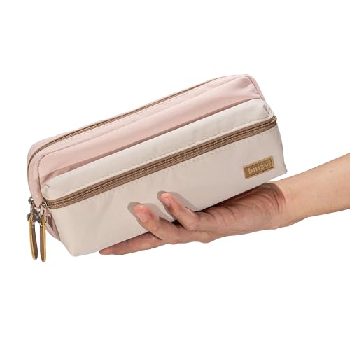 Image of Large Pencil Case, Pencil Pouch with Zipper Compartments, Aesthetic Pencil Case for Adults, Stationery Pouch Pen Case for Office (Pink&Beige)
