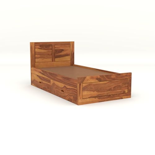Image of Solid Sheesham Wood Single Size Bed with 2 Drawer Storage Wooden Single Cot Bed for Home Living Room Bedroom Guest Room Hotel (Honey, Size 6 * 4)