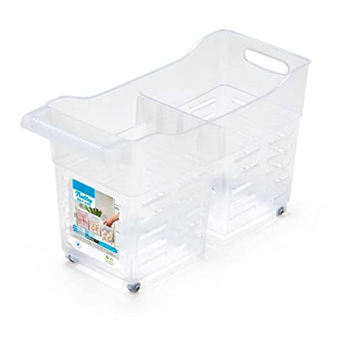 Tradineur - Carrito Multiusos de plástico con Ruedas y asa, 2 Compartimentos, Cesta organizadora para Productos de Limpieza, baño, Cocina (Transparente, 46 x 19 x 27 cm)