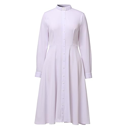 FAD-4U Church Clergy Dress for Women Long Sleeve Rows Buttons A Line Dress with Tab Collar