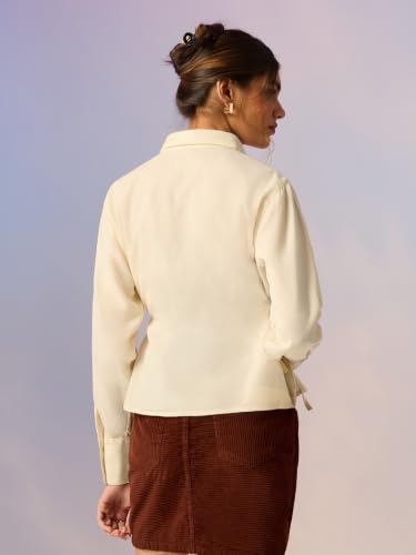 Image of The Souled Store Seashell Women Full Length Spread Collar Off White Embroidered Cotton Linen Blend Regular Fit Breathable Side Tie-Up Lightweight Everyday Shirt for Casual Wear