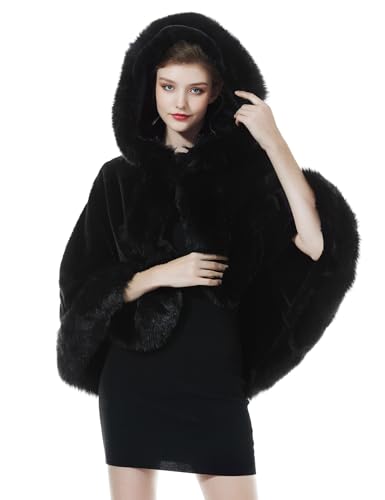 BEAUTELICATE Cape à Capuche Fourrure Poncho Châle Étole Capuchon Manteau Courte de Femme Hiver Mariage Mariée Demoiselle d'honneur Soirée Noël(Taille Unique, Noir)