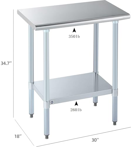 Image of ROCKPOINT Stainless Steel Table for Prep & Work 18x30 Inches, NSF Metal Commercial Kitchen Heavy Duty Table with Adjustable Under Shelf and Table Foot for Restaurant, Home and Hotel