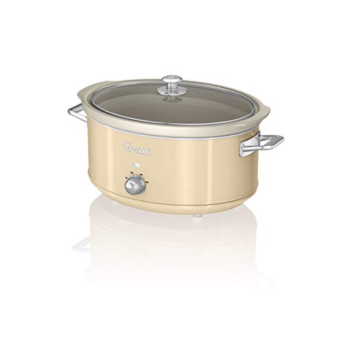 Swan Retro SF17031CN Olla Cocción Lenta 6,5L Recipiente Extraíble, Antiadherente Cerámica libre PFOA y PTFE, 3 Niveles Temperatura, Tapa Vidrio, Slow Cooker, Diseño Vintage, Crema, 320W