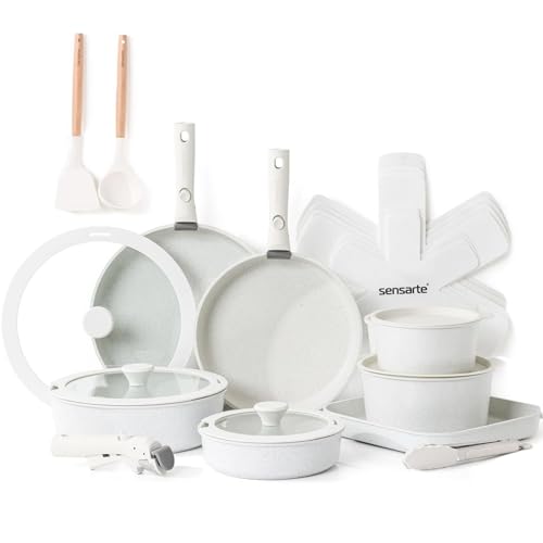 SENSARTE Set de Casseroles et Poêles 24 Pièces - Revêtement Granit Antiadhésif - Batterie de Cuisine pour Induction/Gaz, Poignées Amovibles, Empilable et...