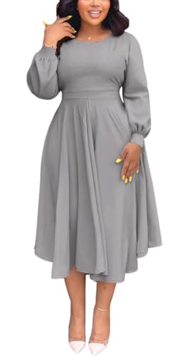 Womens Gray Dress Semi-Formal Fit Casual Slim Long Puff Sleeves O-Neck Elegant Swing A Line Maxi Dresses