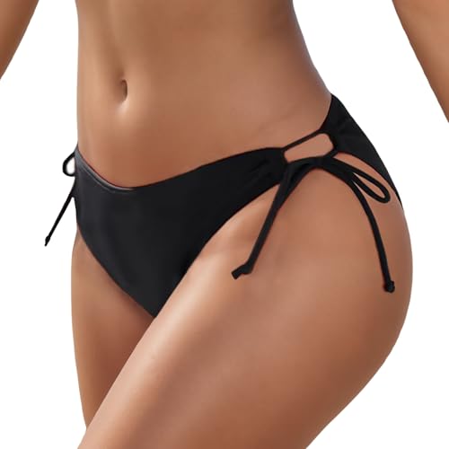 Mid Rise Black Bikini Bottom for Women Cheeky, Brazilian Side Tie Bathings Uit Bottoms 2025, Black, OneSize 2-8