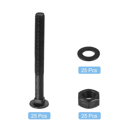 Image of uxcell M10 x 95mm Carriage Bolt Kit, 25 Set Round Head Square Neck Screws, Carriage Bolts Screws Set Includes Washers and Nuts - Carbon Steel Black Oxide for Fastening Accessories