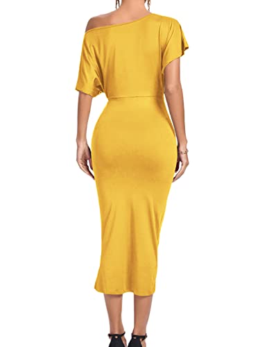 Image of LYANER Women's One Off The Shoulder Ruched Wrap Front Split Hem Draped Party Midi Dress