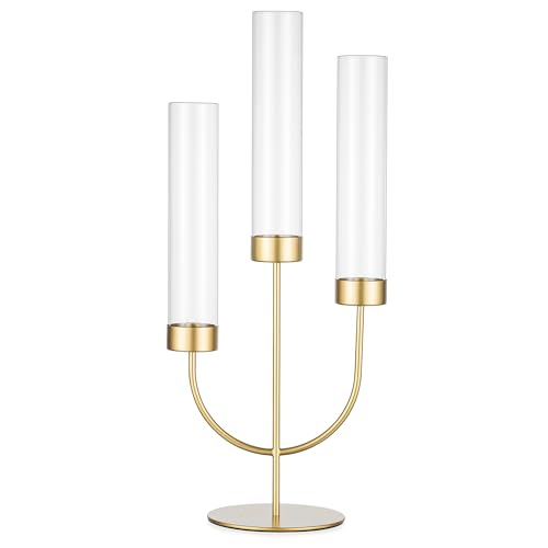 Sziqiqi Candelabro Oro: Centro de Mesa con 3 Brazos y Cristal Antiviento para Decoración de Navidad - Candelero Moderno para Exteriores