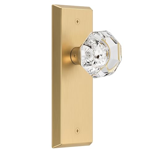 Image of Glass Door Knobs for Interior Doors - Vintage Crystal Passage Closet & Hallway Door Knob - Diamond Cut Door Handle - Satin Brass Finish (1 Pack)
